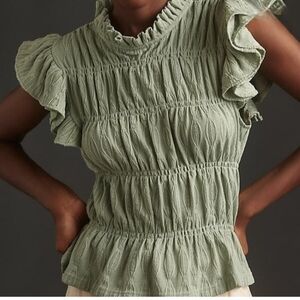 Anthropologie Featuring Blue Tassel Green Ruffle Sleeve Top